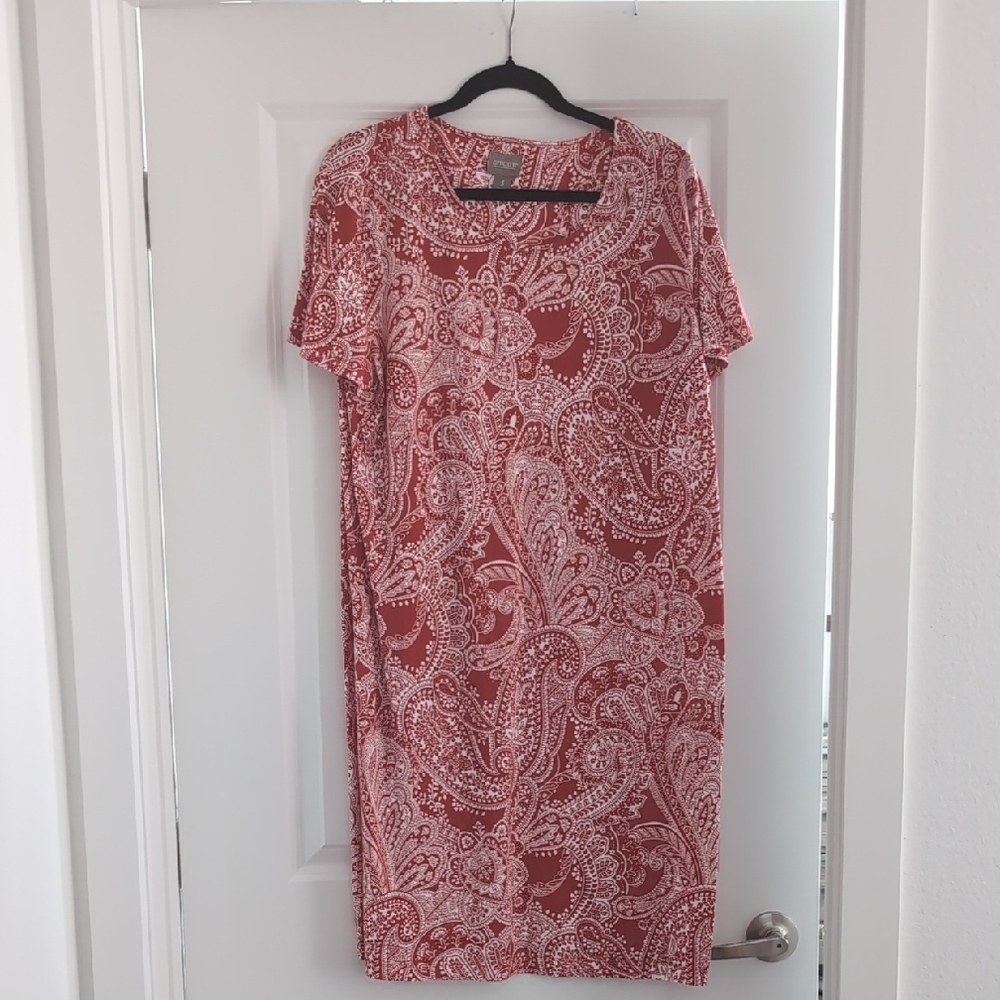 Chico's Red and White Sheath Midi Dress Crew Neck Short Sleeve